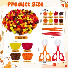 392Pcs Fall Sensory Bin Fillers,Fine Motor Skills Toys Set Include 300 Pom Poms 2 Scissors Clips 2 Tweezers 8 Sorting Bowls 80 Maple Leaf Counting Sorting for Fall Thanksgiving Sorting Counting Train