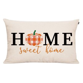 GTEXT Fall Throw Pillow Cover Autumn Decor Home Sweet Home Plaid Pumpkin Pillow Cover 20x12 inch Outdoor Pillow Linen Square Cushion,Sofa Fall