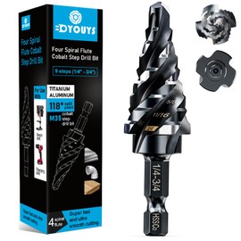 M35 Four Spiral Flute Step Drill Bit Set 1/4"-3/4" （9 Sizes）, 1/4" Hex Shank Unibit Step Drill bit, Impact Resistant M35 Cobalt Step Drill Bit, for Stainless Steel, Wood, Aluminum, Plastic