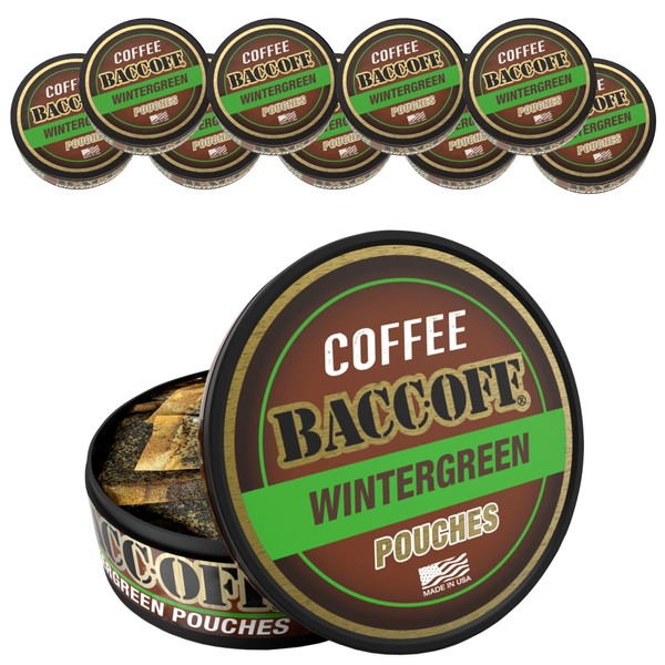 10 Cans, BaccOff Wintergreen Coffee Pouches, 50 MG of Caffeine