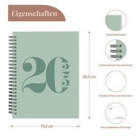 Rileys & Co 2025 Planner - Typographic Monthly and Weekly Agenda Planner, Flexible Cover, Double Spiral Bound, Note Pages, 8 x 6 inches, Green - in German