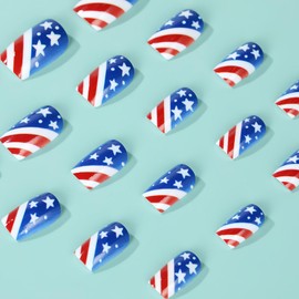 Independence Day Press on Nails Medium Square Fake Nails with American Flag Designs 4th of July Nails Press ons Glossy Glue on Nails Daily Wear Simple Acrylic Nails Stick on Nails for Women 24Pcs