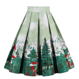 Girstunm Women's Pleated Vintage Skirt Floral Print A-line Midi Skirts with Pockets Christmas-Tree M