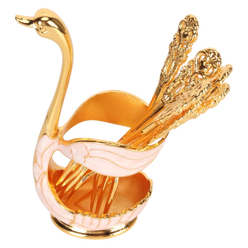 6Pcs Coffee Dessert Fork Set Metal Swan Base Holder Dessert