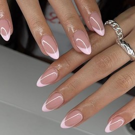 Rosa Claro Punta Francesa Presione En Uñas Cortas de Almendra Presione Ons French Tip Pegamento En Uñas para Mujeres Diy Acrílico Uñas Francesas Uñas 