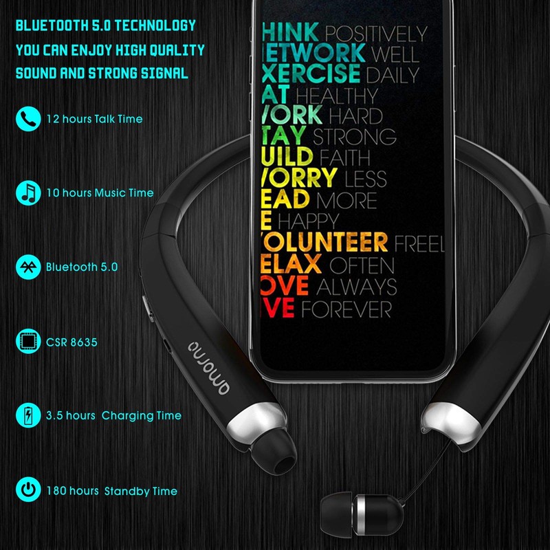 AMORNO Foldable Bluetooth Headphones, Wireless Neckband Sports Headset with Retractable