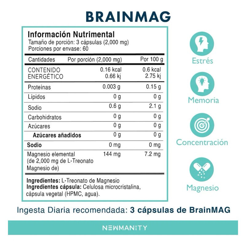 Brainmag L-treonato De Magnesio Newmanity 180 Caps Sin Sabor
