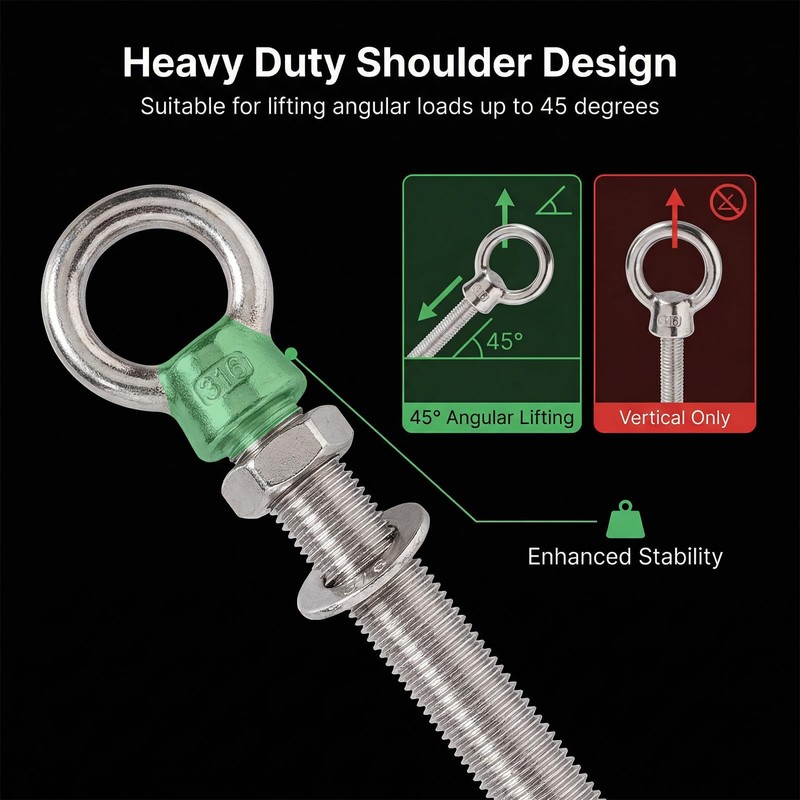 Heavy Duty 316 Stainless Steel Shoulder Eye Bolts 4 Pack,