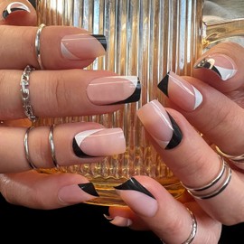 Valentine's Day Press on Nails Black and White French Tip Press on False Nails Square Reusable Fake Nail with Adhesive Tabs 24pcs