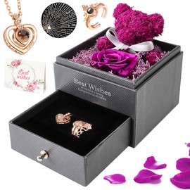 Nasjac Flor Rosa Eterna, Regalo para Mujer, Anillo Collar con "I Love You" en 100 Idiomas, Oso Rosas Flores Conservada, Regalo para San Valentín, Regalo de Mamá, Tarjeta de Felicitación, Caja Regalo
