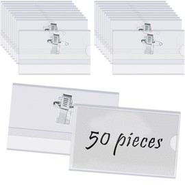 BUYGOO 50 Pack Pin Style Combi Clip Name Badge Holders, Badge Pin Holder, Name Tag Pins, Horizontal Clear Badges with Pins for School, Offices, Corporate Event, Conference (3.5×2.25 inch)