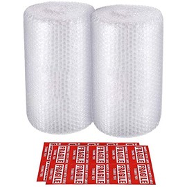 Yukilyn Nylon 2-Pack Bubble Cushioning Wrap Rolls Packing Materials, 3/16" Air Bubble, 12 Inch x 72 Feet Total, Perforated Every 12", 20 Fragile Stickers Included