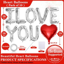 16 Inch Silver I LOVE YOU Red Heart Balloons, 10 Pcs Silver I LOVE YOU Letters Balloons Red Heart Valentine's DAY Balloons Banner for Valentine's DAY Wedding Ceremonies Party Decorations I LOVE YOU