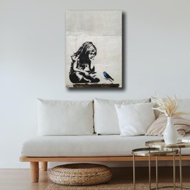 FLTABI Banksy Street Art Girl with Blue Bird Style Inspirational Wall Art for Living Room Bedroom Home Wall Decor Ready to Hang 16''Wx24''H / 40x60cm