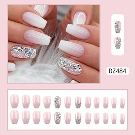 Nude Gradient White Glitter Press on Nails Fake Nails Medium Coffin ,Aqinmony with Designs False Nails Medium Coffin, French Tip Full Cover Glue on Nails Medium Coffin, Glossy Acrylic Thick Stick on Nails Medium For Women 24Pcs DZ484