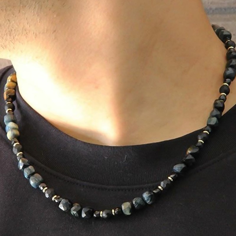 COLANCOLAN FORCE 5 Polyhedral Cube Necklace, Dark Blue Tiger Eye,