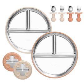 MOJINL Edelstahl Baby Teller mit Silikon Saugnapf, Silikon Babyteller mit Saugnapf, Rutschfest Kinderteller mit Unterteilung, Spülmaschinenfest Babyteller mit 4 Stück Babybesteck, BPA Frei, 2 Stück