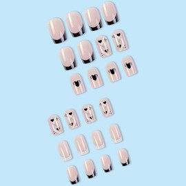 Heart Pattern Fake Nail, 24pcs French Style Short Square False Nails & 1 Count Tape & 1 Count Nail File & 1 Count Stick, Removable Women Girls DIY Manicure