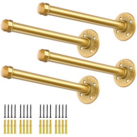 Gold Pipe Shelf Brackets 8 Inch, Industrial Metal Vintage Shelving Bracket, Wall Mounted DIY Iron Pipe Brackets for Floating Shelves, Set of 4