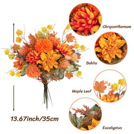 GYWJJ Artificial Fall Flowers Bouquet Fake Dahlia Silk Chrysanthemums Faux Fall Flowers Indoor Autumn Fake Floral Arrangement for Home Kitchen Table Centerpieces Fireplace Wedding Decor (13.67")