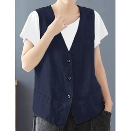 IDEALSANXUN - Chaleco de lino de algodón para mujer, casual, sin mangas, chamarra ligera, marino, M