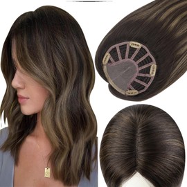 Full Shine 16 Inch Hair Pieces For Women Hand Tied Extensions 5 * 5 Inch Hair Piece Color 2/8/2 Brown Fading to Blonde Mixed With Brown Topper Top Wiglets Hair Piece Clip in