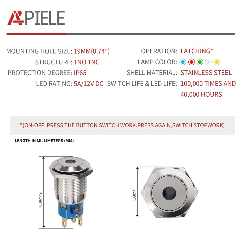 APIELE Push Button Switch 19mm Spot Light Latching Stainless Steel