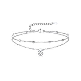 Suplight Sterling Silver Anklets Bracelets for Women Layered Dainty Foot Chain Initial Beaded Anklets for Women Hypoallergenic Beach Waterproof Letter S (With Gift Box)