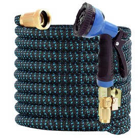 J&B XpandaHose 75ft Expandable Garden Hose with Holder - Heavy Duty Superior Strength 3750D - 4 -Layer Latex Core - Extra Strong Brass Connectors and 10 Spray Nozzle w/Storage Bag (Blue 75)