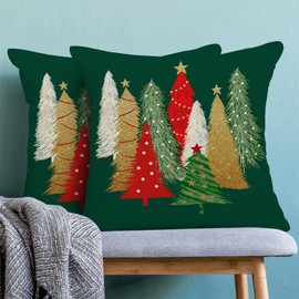AEIOAE Christmas Pillow Covers 16x16 Inch Set of 2 Colorful Christmas Tree Throw Pillows Case, Stars Holiday Outdoor Decorative Farmhouse Winter Green Decor Cushion Covers for Home Sofa Bed Couch