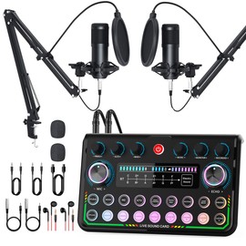 Podcast Equipment Bundle for 2, Audio Interface with Studio Condenser Microphone for Gamer, Audio Mixer with Voice Changer Podcast Microphone for Podcasting, Recording, Singing, Streaming and Gaming
