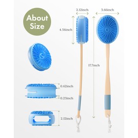 AmazerBath Silicone Body Scrubber with Long Wooden Handle, Dual-Sided Silicone Loofah for Shower, Super-Exfoliating Body Scrubber and Super-Lathering Shower Brush Combination, Blue