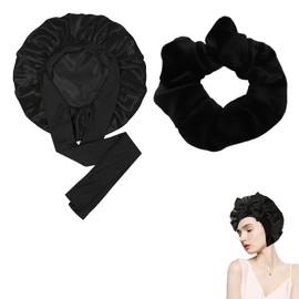 2 Pcs Silk Bonnet for Sleeping and Silk Scrunchies,Adjustable Satin Bonnet,Silk Hair Bonnet for Sleeping Curly Hair,Bonnets for Women/Girls/Men,Sleep Cap With Tie,Night Caps,Hair Wrap,Black Scrunchie