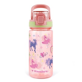 wooshwa Kids Water Bottle for School, 16 Oz Plastic Water Bottle with Silicone Spout and Pop-Up Cover, BPA Free & Dishwasher Safe (Unicorn)