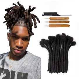 FAMILOCS Dreadlock Extensions Human Hair 8 Inch 0.8cm Width Full Handmade Loc Extensions Human Hair for Man Women with Needle and Comb, Natural Black #1B 30 Strands Dreads Can Be Dyed and Bleached