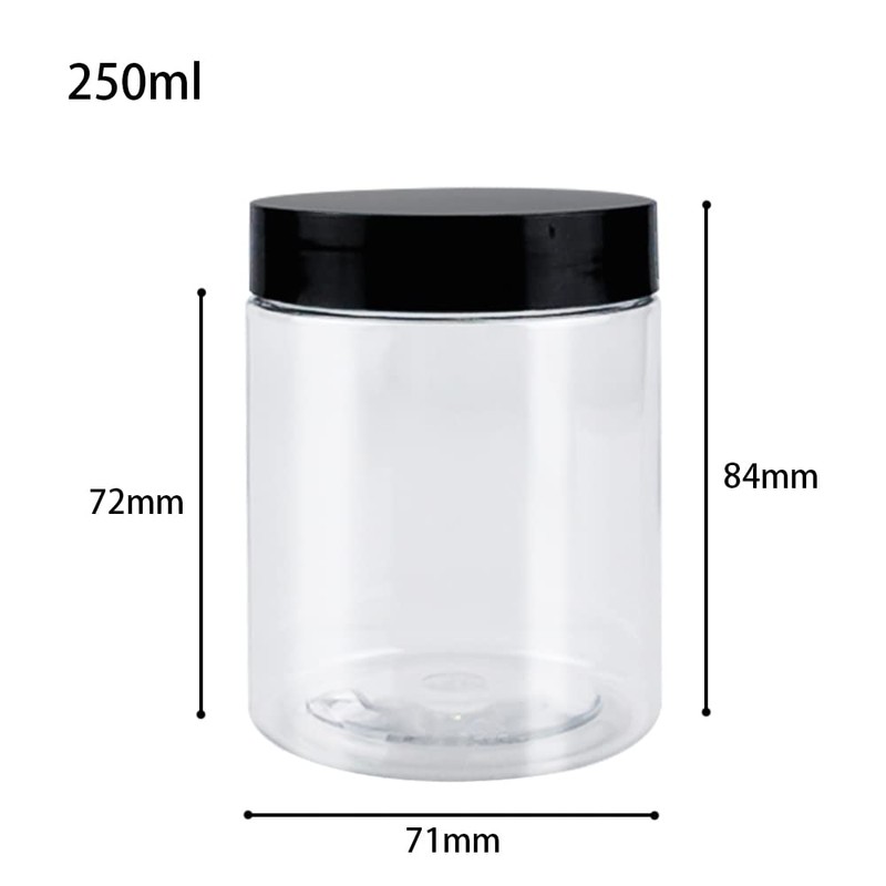 BiBiFly 250ml 16pcs Clear Plastic Round Jars with Black Lids,