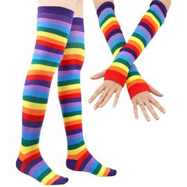 YELAIVP Girl's Stripe Rainbow Thigh High Socks Cosplay Over Knee Stockings Gloves Set Arm Leg Warmers for Women