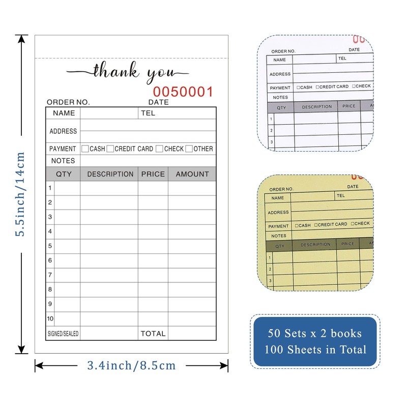 Thank You Receipt Book, 3.4x5.5" Handheld 2-Part Carbonless Sales Invoice