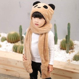 Kids 3 in 1 Winter Hoodie Hat Scarf Gloves Set Soft Plush Thick Warm Hooded Scarf with Pockets Earflap Hat Faux Fur Child Cute Multifunctional Animal Ski Hat with Scarf Mitten for Boys and Girls