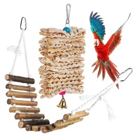 CORHAD Bird Suspension Bridge Toy with Wooden Rope Ladder and Chewing Straw Corn Skewers for Parrots Cockatiels and Budgies 1 Set of Birdcage Accessories