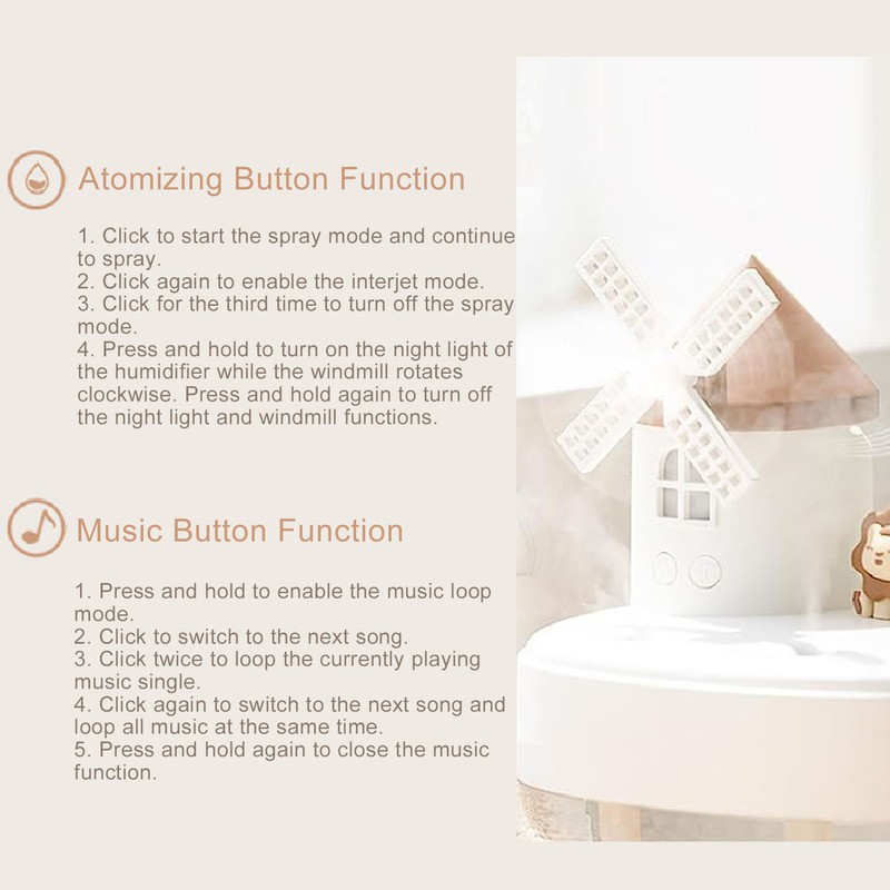 Windmill Music Box Humidifier Creative Bedroom Office Wireless Portable Rotating