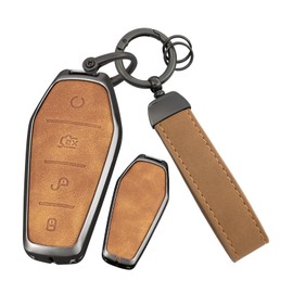 ontto Car Key fob Cover Case fit for BYD Dolphin Atto 3 Seal Song Plus Qin Tang E2 2021 2022 2023 2024 Smart Key holder Metal Leather Shell bag keyring keychain protector accessories 4 buttons Brown B