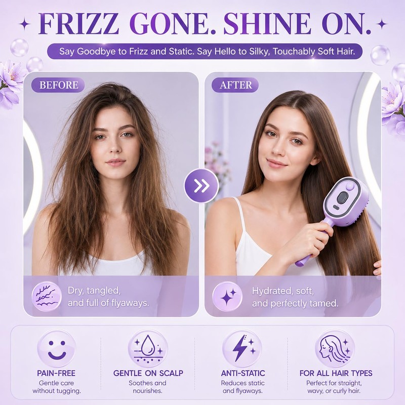 Electric Spray Air Cushion Massage Comb, Self-Clean Hair Detangler Brush