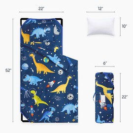 Wake In Cloud - Cot Nap Mat with Pillow and Blanket, for Toddler Kids Boys in Daycare Kindergarten Preschool Pre K with Elastic Corner Straps, Dinosaur Astronauts Rocket Space, Navy Blue