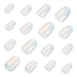 Vopintpy Medium Press on Nails Almond Fake Nails Mirror Chrome Gel Glue on Nails White Solid Color Acrylic Nails with Design Reusable Stick on Nails for Women DIY Charm Manicure