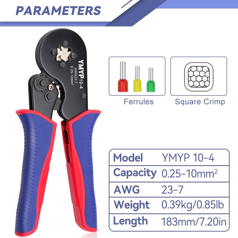 YMYP Ferrule Crimping Tool AWG 23-7 (0.25mm²-10mm²) with 1900PCS Ferrules