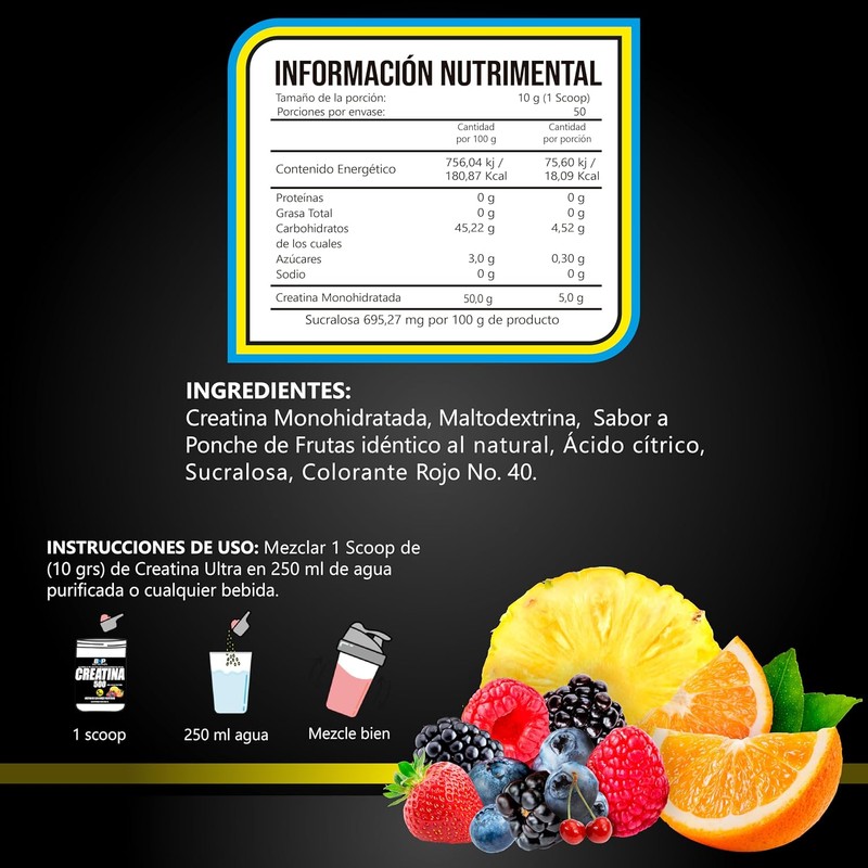 BHP NUTRITION- CREATINA ULTRA MONOHIDRATADA SABOR PONCHE 500grs