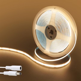 Clearhill 12VCOB LED Strip Lights with 5521DC Male and Female Connectors,8mm Width,16.4FT/5M,480LEDs/M,Warm White 3000K Bright Lights,Not Waterproof IP20,for DIY Home Indoor Decoration