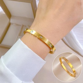 RINTOLER Gold Bangle for Women - Stainless Steel 18K Gold Plated Love Friendship Bracelet with Cubic Zirconia (E-GOLD)