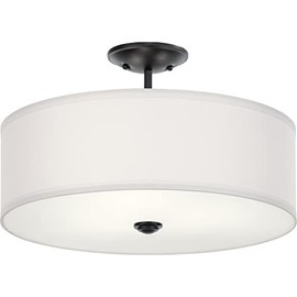 Kichler Shailene 18.25" 3-Light Round Semi Flush with Satin Etched White Diffuser and White Microfiber Drum Shade in Black, (11.5" H x 18.25" Dia), 43692BK